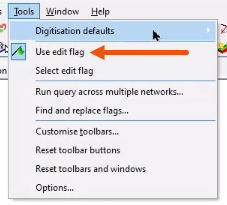 The Tools menu expanded, with Use edit flag enabled and called out with a red arrow.