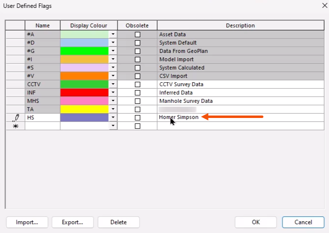 In the User Defined Flags dialog, a flag added for a user and called out with a red arrow.