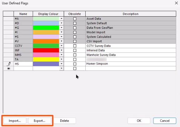The User Defined Flags dialog, with the Import and Export buttons highlighted in red.
