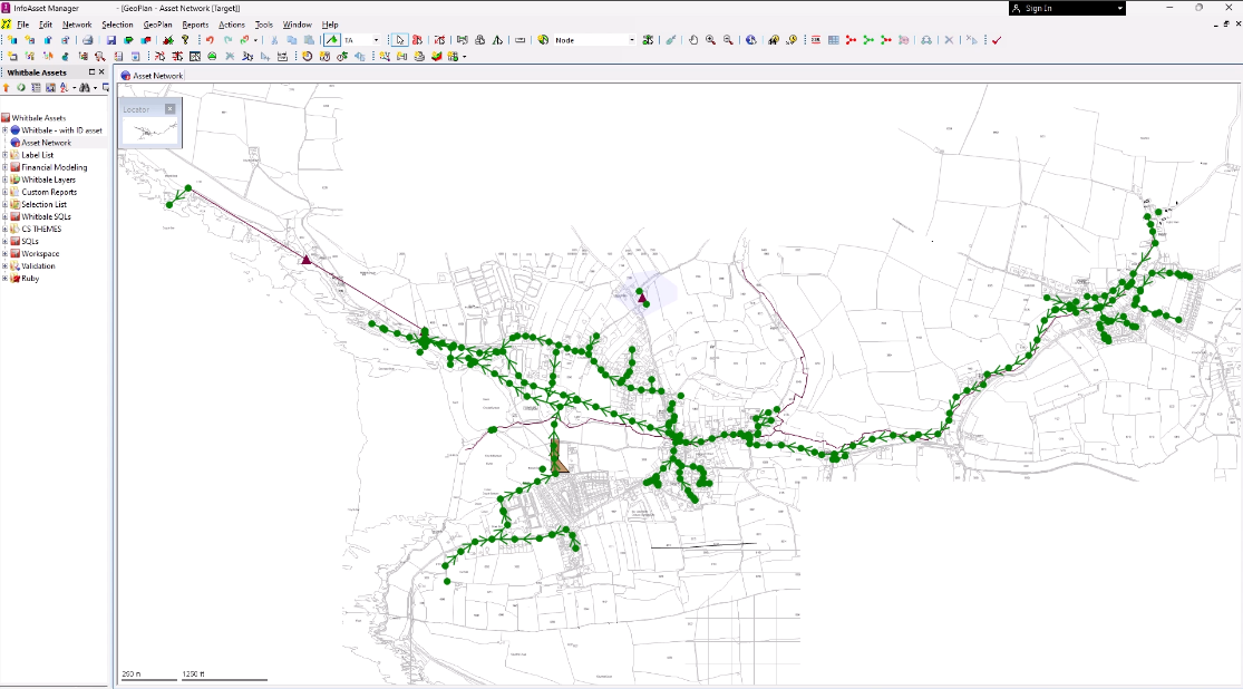 In the InfoAsset Manager interface, a network open in the GeoPlan window.