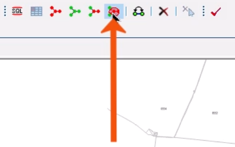On the Selection toolbar, Select all objects in polygons being clicked and called out with a red arrow.