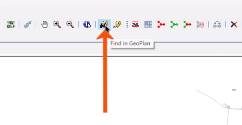 The GeoPlan Tools toolbar, with Find in GeoPlan being selected and called out with a red arrow.