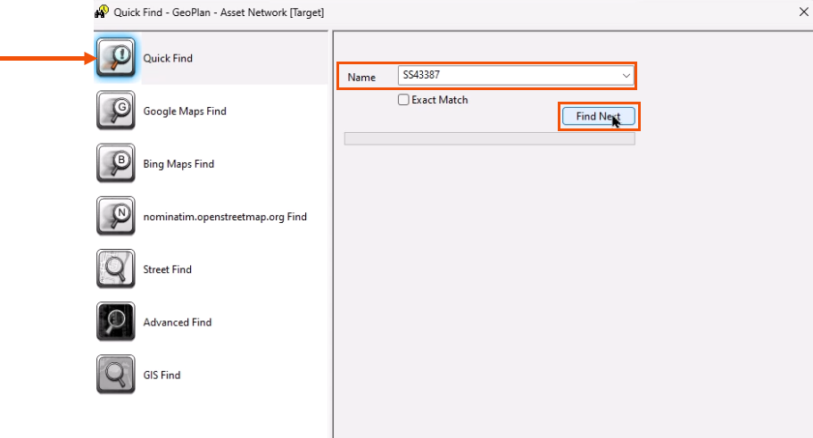 In the GeoPlan Find dialog, Quick Find selected and called out with a red arrow, an object entered in the Name field, and Find Next being selected, both highlighted in red.