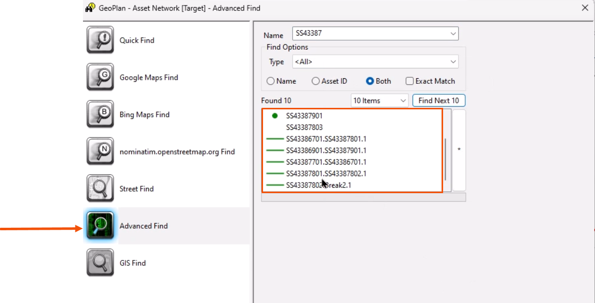 In the GeoPlan Find dialog, Advanced Find selected and called out with a red arrow, with the search results listed in the Found box and highlighted in red.