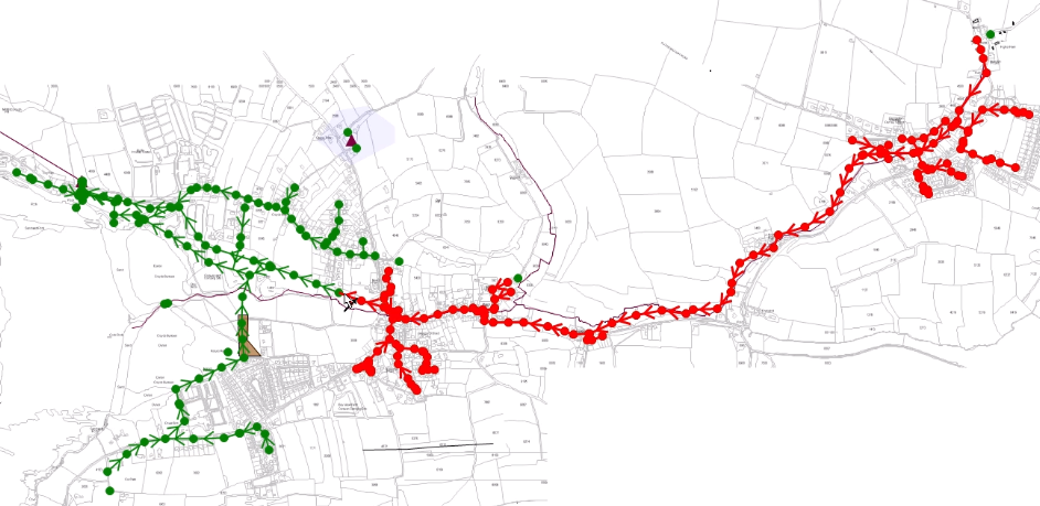 In the GeoPlan, the upstream paths from the selected point now displayed in red.