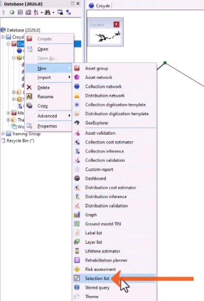 In the Explorer Window, in the expanded context menu for the Asset Group, New selected, and in the flyout, Selection list being selected and called out with a red arrow.