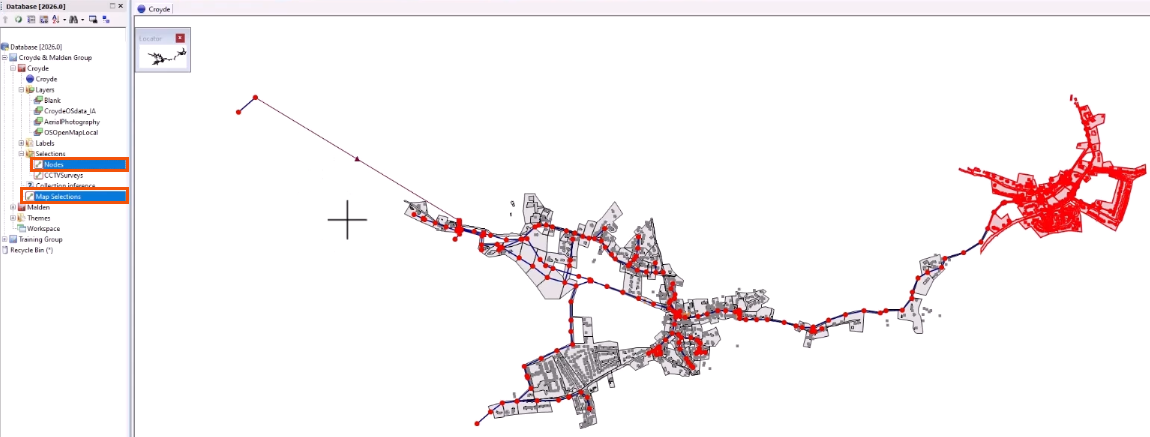 In the Explorer window, multiple applied selection lists highlighted in red, and in the GeoPlan, the corresponding objects selected and displayed in red.