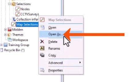 In the Explorer window, the context menu for the Map Selections list expanded, with Open As being selected and called out with a red arrow.
