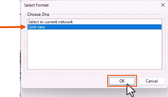 The Select Format dialog, with Grid View selected and called out with a red arrow, and OK being selected and highlighted in red.