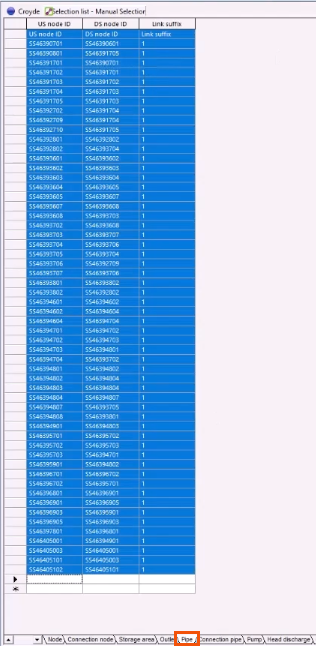In the Manual Selection list grid window, the Pipe tab selected and highlighted in red, with an external list of IDs pasted into the grid.