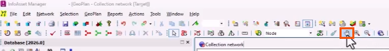 The InfoAsset Manager toolbars, and, in the GeoPlan toolbar, Pan highlighted in red.