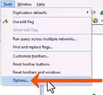 The Tools menu expanded, with Options being selected called out with a red arrow.