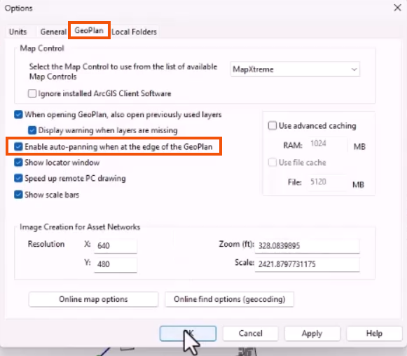 In the Options dialog, the selected GeoPlan tab and option to enable auto-panning highlighted in red, with OK being clicked.