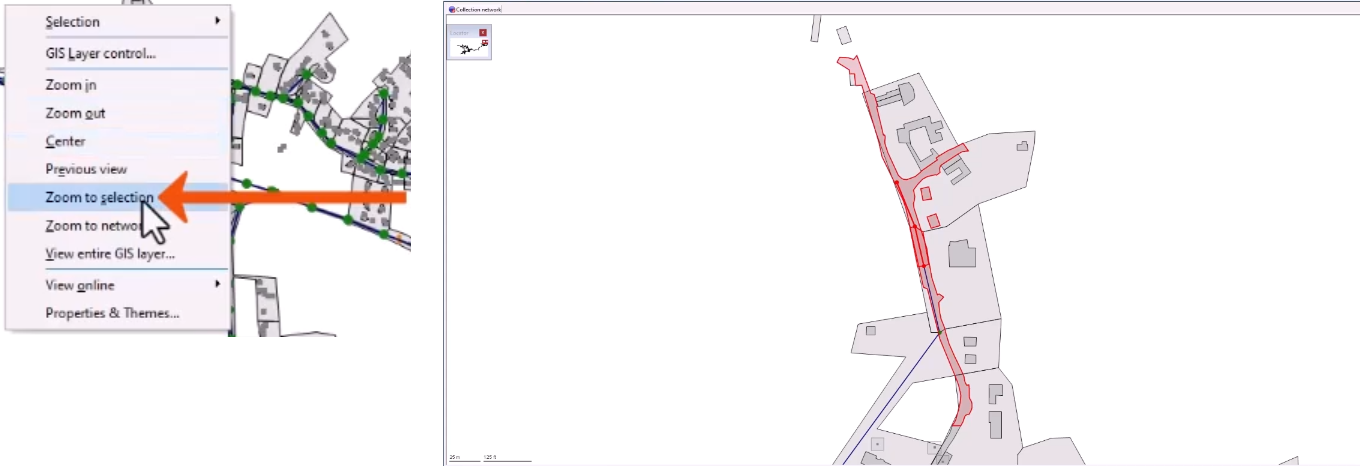 On the left, the context menu for the GeoPlan, with Zoom to selection being selected and called out with a red arrow, and on the right, the GeoPlan zoomed to the selection.