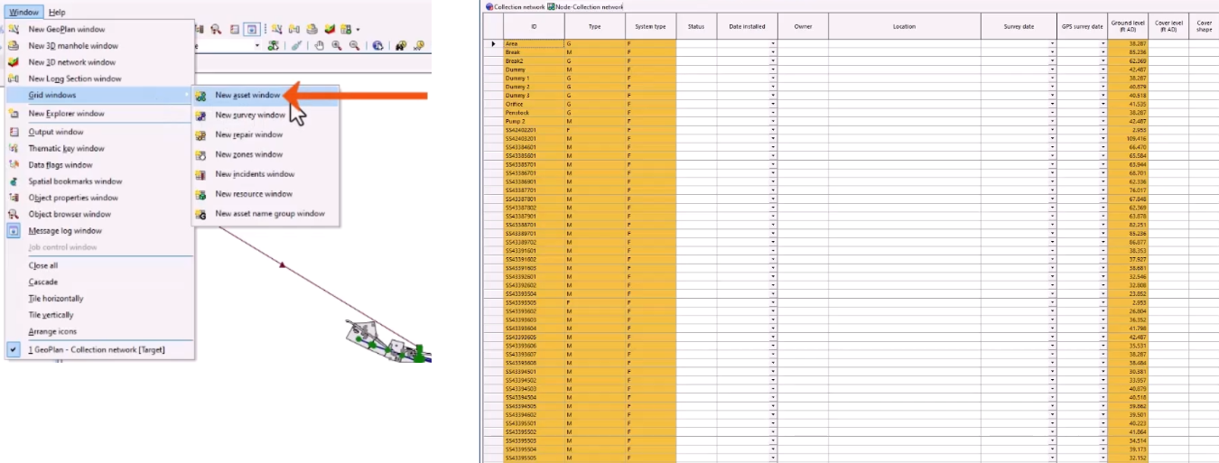 On the left, the Window menu expanded with Grid Windows selected, and in the flyout, New asset window being selected and called out with a red arrow. On the right, the New asset grid window.