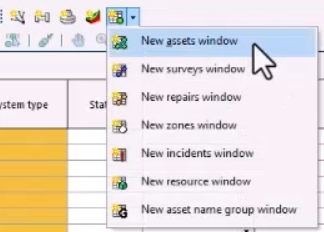On the Windows toolbar, the Grid windows drop-down expanded with New assets window selected.