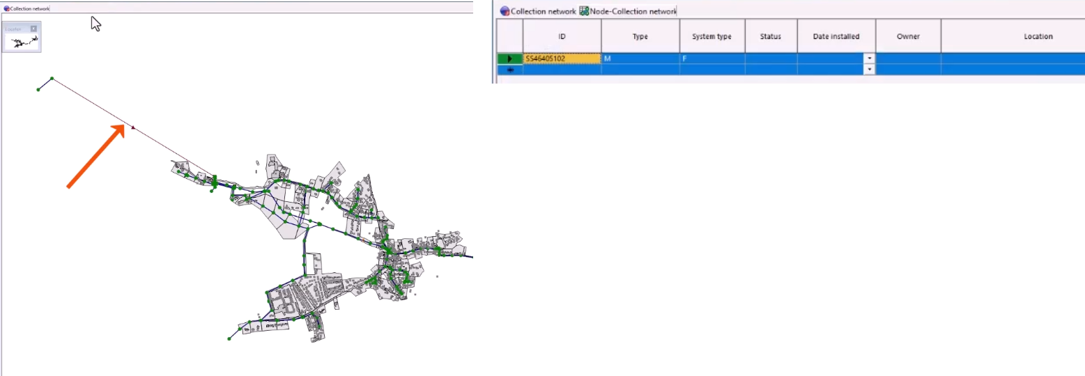 On the left, the GeoPlan with the selected object called out with a red arrow. On the right, the grid window that includes only the selected object.