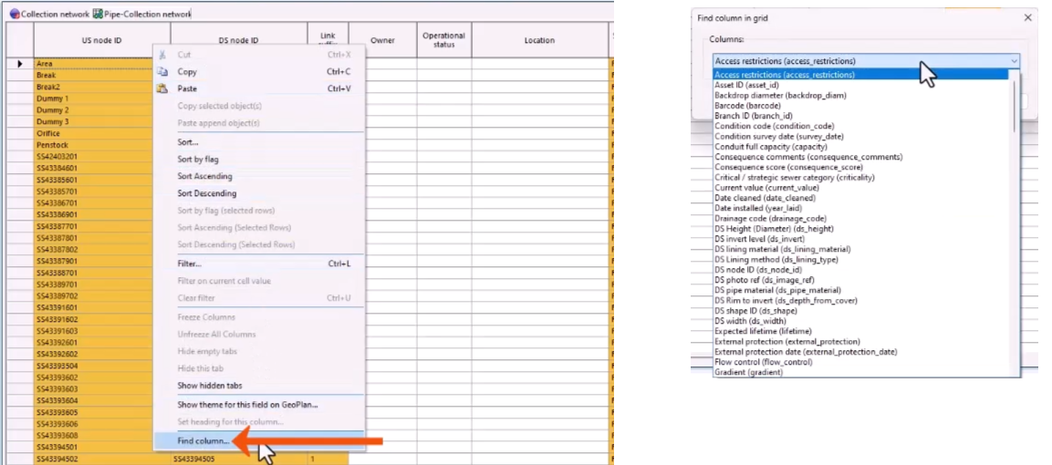 On the left, the context menu for the column headers, with Find column being selected and called out with a red arrow. On the right, the Find column in grid dialog with the list of columns expanded.