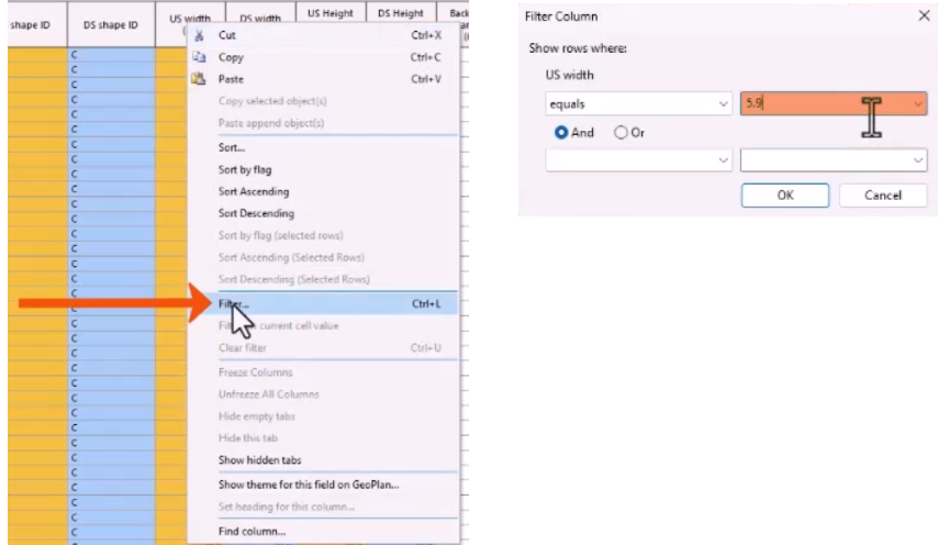 On the left, the context menu for the US width column expanded, with Filter being selected and called out with a red arrow. On the right, the Filter column dialog, with US width set and highlighted in red.