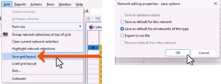 On the left, the Grid menu expanded, with Save grid layout being selected and called out with a red arrow. On the right, the save options dialog, with an option selected and OK being clicked.