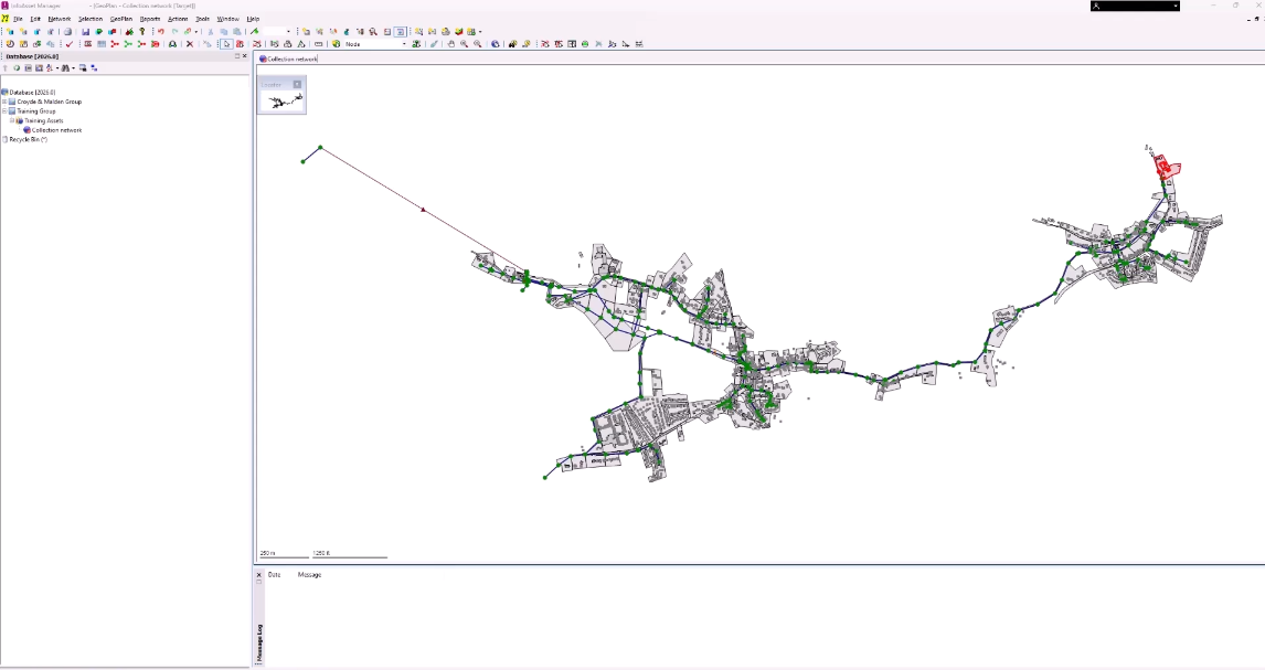 The InfoAsset Manager interface, with a network open in the GeoPlan.