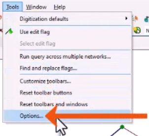 The Tools menu expanded, with Options being selected and called out with a red arrow.