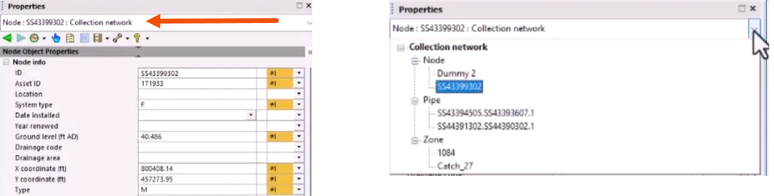 On the left, at the top of the Properties window, the collapsed DropTree called out with a red arrow. On the right, the expanded DropTree, with the currently selected object highlighted in the list.
