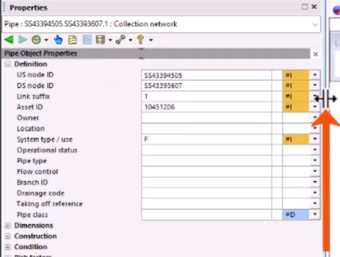 On the right edge of the properties window, the divider line being moved and called out with a red arrow.