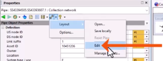 In the Properties window toolbar, the Configuration tool expanded, with Layout selected, and, in the flyout, Edit being selected and called out with a red arrow.