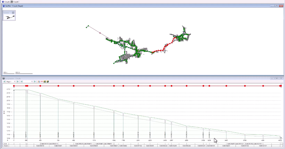 In the GeoPlan, a pipe selected in the GeoPlan displayed in red, with the Long Section window open below the GeoPlan.