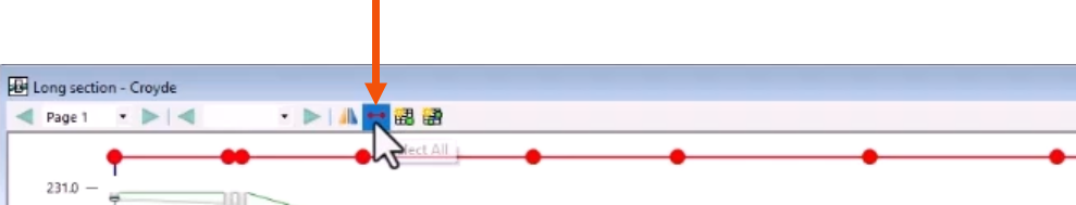 In the Long Section window toolbar, Select All clicked and called out with a red arrow, and, in the strip plan, all nodes and pipes selected.