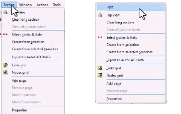 On the left, the Section menu expanded, and on the right, the context menu for the Long Section window expanded.