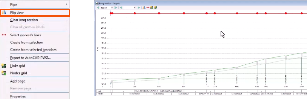 On the left, the Long Section window context menu, with Flip view highlighted in red. On the right, the long section view flipped.