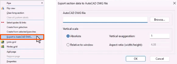On the left, the Long Section window context menu, with Export to AutoCAD DWG being selected and highlighted in red. On the right, the Export section data dialog.