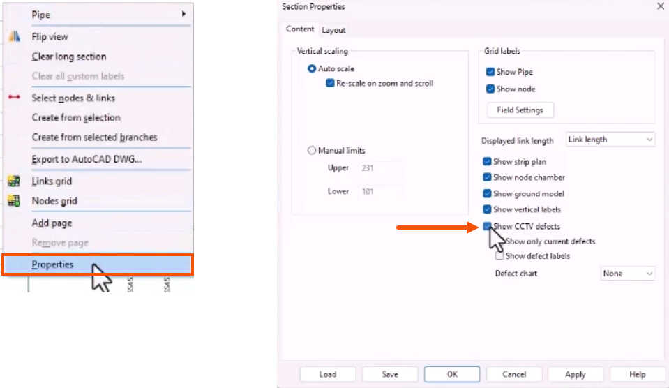 On the left, the Long Section window context menu, with Properties being selected and highlighted in red. On the right, the Section Properties dialog, with Show CCTV defects selected and called out with a red arrow.