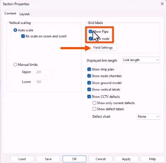 The Section Properties dialog, with Show Pipe and Show Node selected and highlighted in red, and Field Setting called out with a red arrow.