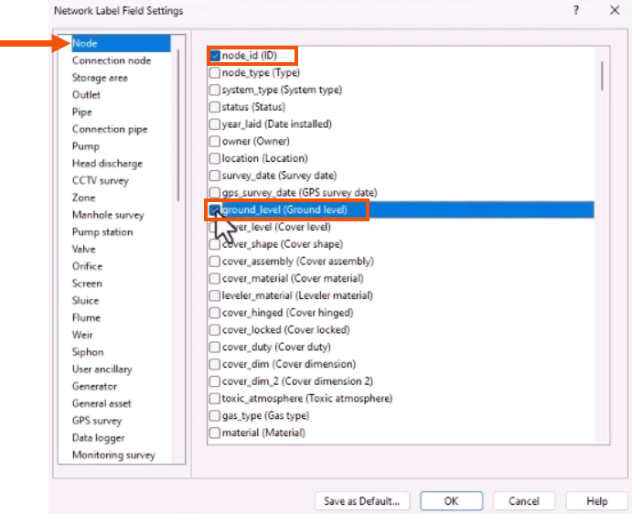 The Network Label Field Settings dialog, with Node selected and called out with a red arrow, and node_id and ground_level selected and highlighted in red.