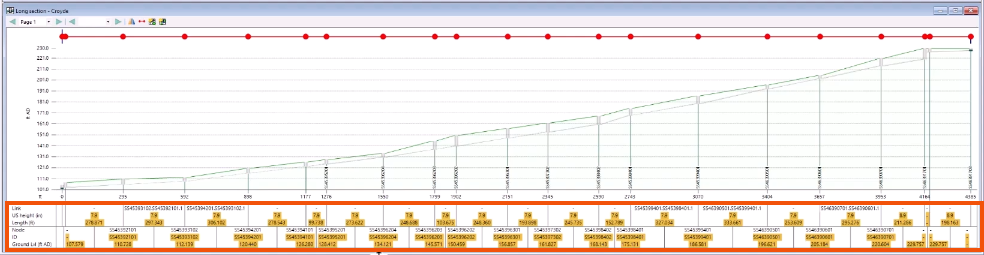 The Long Section window, with the grid labels shown and highlighted in red.
