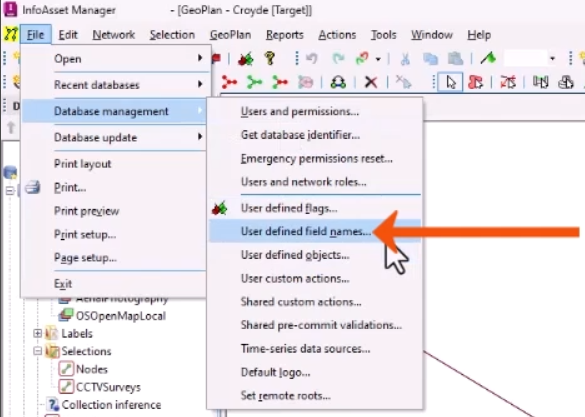 The File menu expanded with Database Management selected, and in the flyout, User defined field names being selected and called out with a red arrow.