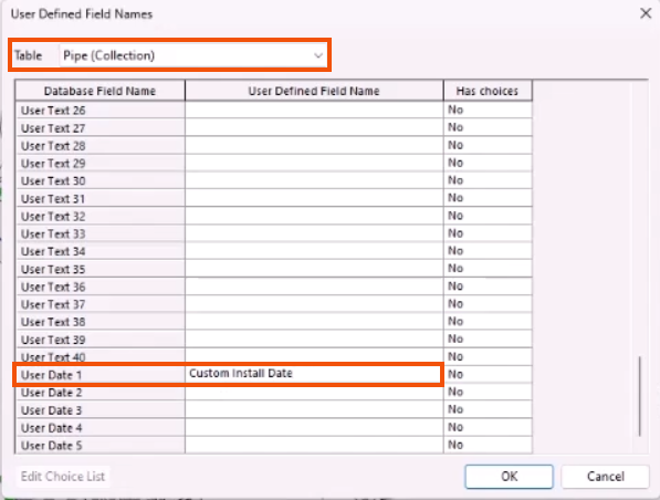 The User Defined Field Names dialog, with the Table drop-down set to Pipe (Collection) and highlighted in red, and the User Date 1 entry name set to Custom Install Date and highlighted in red.