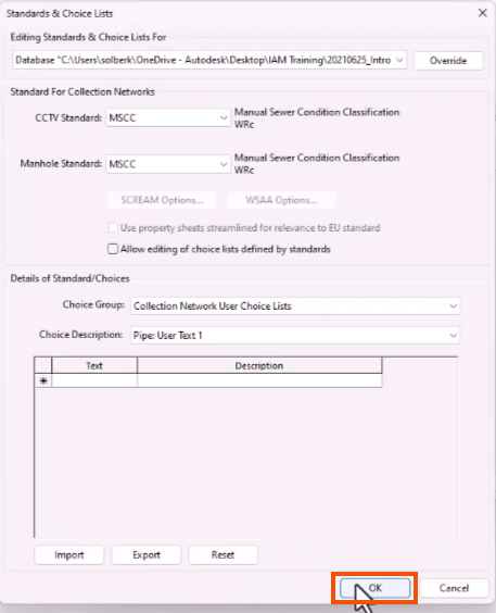 The Standards & Choice Lists dialog, with options set and OK being selected and highlighted in red.