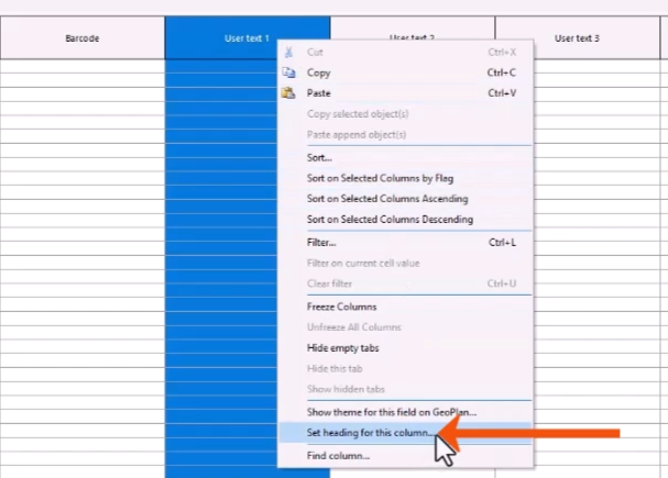 A grid window, with the context menu for the User text 1 column expanded, and Set heading for this column being selected and called out with a red arrow.