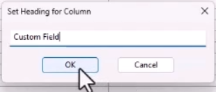 The Set Heading for Column dialog, with a name entered for the column heading and OK being selected.