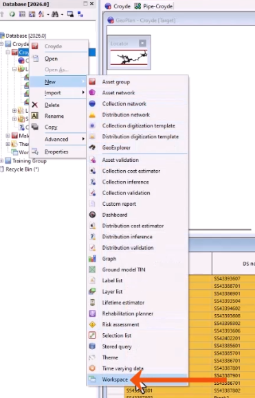 In the Explorer window, the context menu for the Asset Group expanded with New selected, and in the flyout, Workspace being selected and called out with a red arrow.