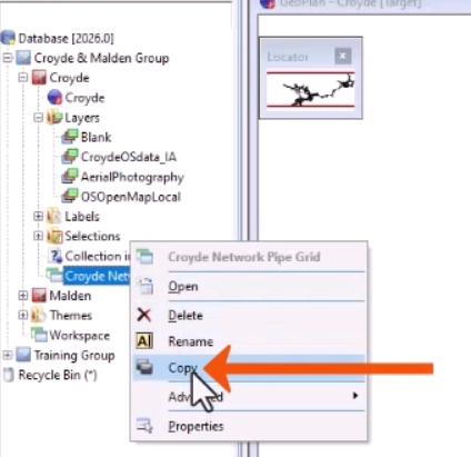 The Explorer window, with the context menu for the workspace expanded, and Copy being selected and called out with a red arrow.