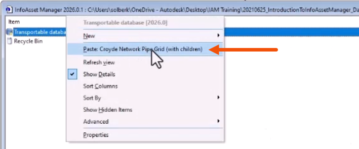 The Explorer view for the transportable database, with the context menu expanded and Paste: Croyde Network Pipe Grid (with children) being selected and called out with a red arrow.