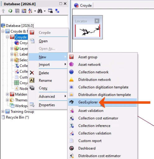The Explorer window, with the context menu for an Asset Group expanded, and New selected, and, in the flyout, GeoExplorer being selected and called out with a red arrow.