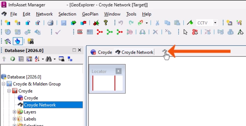 The GeoExplorer icon dragged from the Explorer window to the background area and called out with a red arrow.