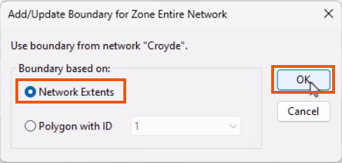 The Add/Update Boundary for Zone dialog, with Network Extents selected and highlighted in red, and OK being selected and highlighted in red.