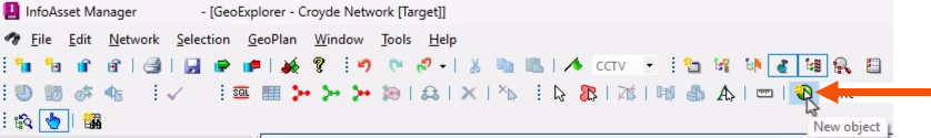 The GeoPlan Tools toolbar, with New Object being selected and called out with a red arrow.